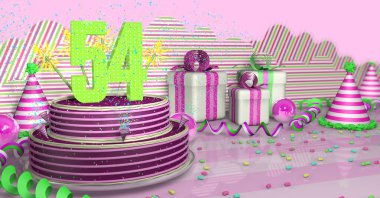 Mor yuvarlak 54 yaş günü pastası renkli kıvılcımlar ve yeşil flama, parti şapkaları ve pembe arkaplanda pembe kurdele ve şekerlerle süslenmiş pembe bir masa üzerinde pembe çizgiler. 3B Görüntü
