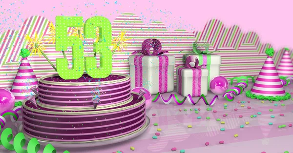 ピンクの背景に テーブルの上にピンクのリボンとキャンディーと緑のストリーマー パーティー帽子 ギフトボックスと明るいテーブルの上にカラフルな火花とピンクのラインで飾られた紫のラウンド53の誕生日ケーキ 3Dイラスト — ストック写真