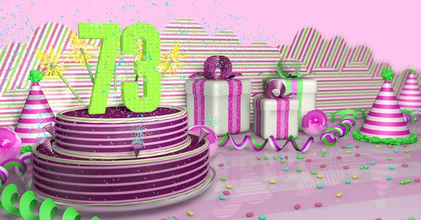 ピンクの背景に テーブルの上にピンクのリボンとキャンディーと緑のストリーマー パーティー帽子 ギフトボックスと明るいテーブルの上にカラフルな火花とピンクのラインで飾られたパープルラウンド73の誕生日ケーキ 3Dイラスト — ストック写真