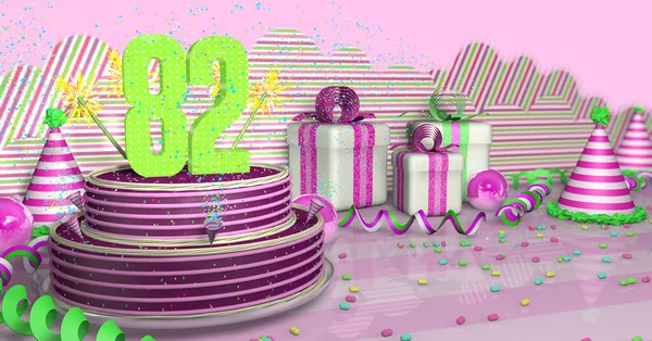 Torta Compleanno Viola Rotonda Decorata Con Scintille Colorate Linee Rosa — Foto Stock