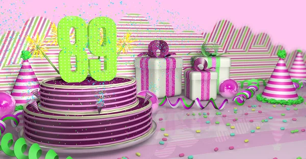 テーブルの上にピンクのリボンとキャンディーが描かれた明るいテーブルの上にカラフルな火花とピンクのラインで飾られた紫のラウンド89の誕生日ケーキ パーティー帽子 ギフトボックスピンクの背景に 3Dイラスト — ストック写真