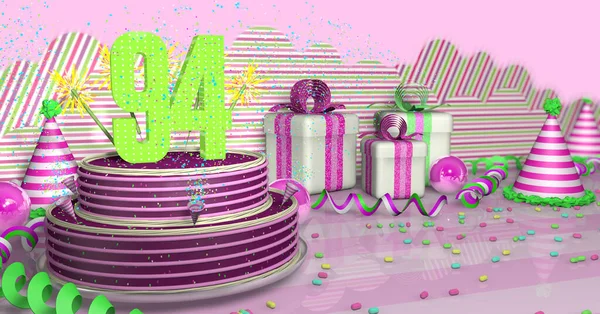 Purple Birthday Cake Decorated Colorful Sparks Pink Lines Bright Table — Stock Photo, Image