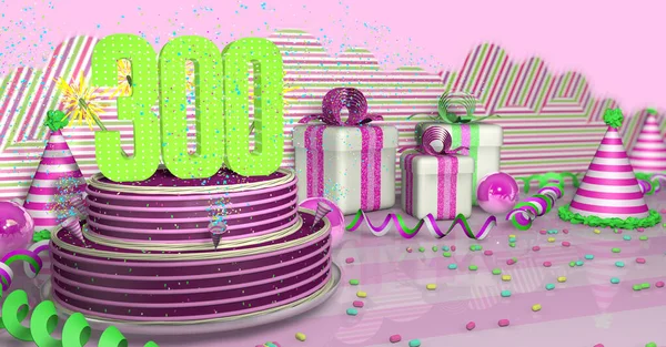 Purple 300 Birthday Cake Decorated Colorful Sparks Pink Lines Bright — Stock Photo, Image