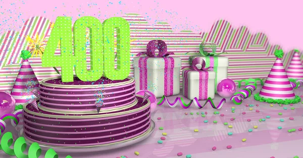 Purple 400 Birthday Cake Decorated Colorful Sparks Pink Lines Bright — Stock Photo, Image
