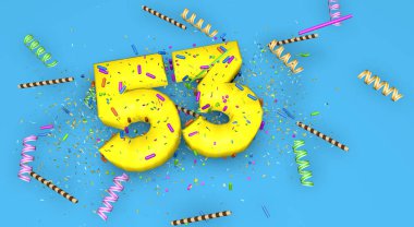 Doğum günü, yıldönümü veya promosyon için 53 numara, mavi arka planda kalın sarı harflerle süslenmiş şekerler, flamalar, çikolatalı pipetler ve yukarıdan düşen konfetiler. 3B Görüntü