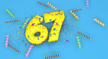 Doğum günü, yıldönümü veya promosyon için 67 numara, mavi arka planda kalın sarı harflerle süslenmiş şekerler, flamalar, çikolatalı pipetler ve yukarıdan düşen konfetiler. 3B Görüntü