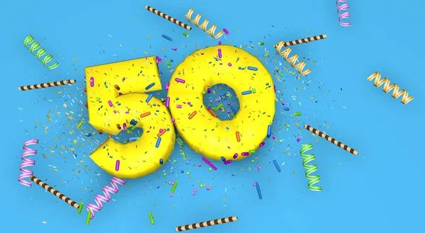 Number 50 for birthday, anniversary or promotion, in thick yellow letters on a blue background decorated with candies, streamers, chocolate straws and confetti falling from above. 3D Illustration