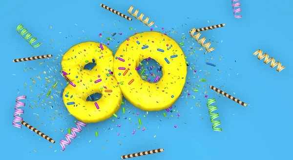 Number 80 for birthday, anniversary or promotion, in thick yellow letters on a blue background decorated with candies, streamers, chocolate straws and confetti falling from above. 3D Illustration