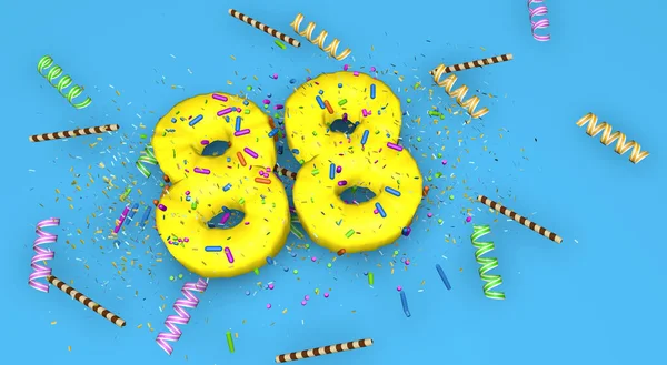 Number 88 for birthday, anniversary or promotion, in thick yellow letters on a blue background decorated with candies, streamers, chocolate straws and confetti falling from above. 3D Illustration