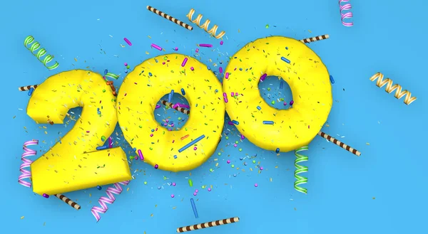 お誕生日 記念日やプロモーションのための番号200は 上から落ちてキャンディー ストリーマー チョコレートストローやコンフェッティで飾られた青の背景に厚い黄色の文字で 3Dイラスト — ストック写真