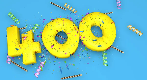 キャンディ ストリーマー チョコレートストロー 上記から落ちてくるコンフェッティで飾られた青の背景に厚い黄色の文字で 誕生日 記念日 またはプロモーションのための番号400 3Dイラスト — ストック写真