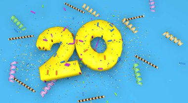 Doğum günü, yıldönümü veya promosyon için 20 numara, mavi arka planda kalın sarı harflerle süslenmiş şekerler, flamalar, çikolatalı pipetler ve yukarıdan düşen konfetiler. 3B Görüntü