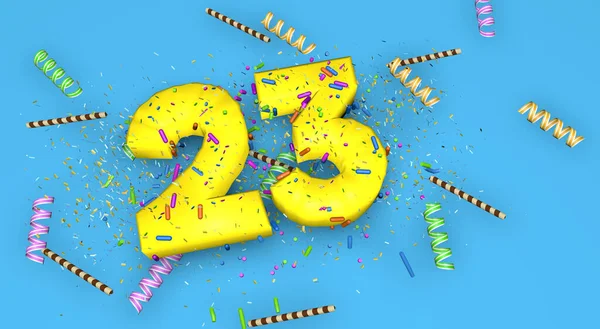 お誕生日 記念日 プロモーションのための23番は 上から落ちてくるキャンディー ストリーマー チョコレートストロー コンフェッティで飾られた青の背景に厚い黄色の文字で 3Dイラスト — ストック写真