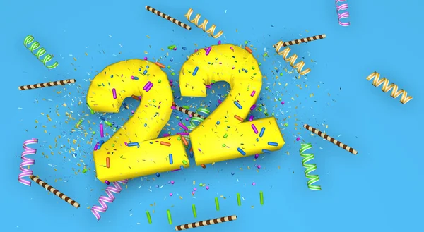 纪念日或促销活动的22号 用厚厚的黄色字母写在蓝色的背景上 上面装饰着糖果 巧克力吸盘和从上面掉下来的意大利面 3D说明 — 图库照片