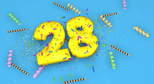 周年纪念日或促销活动的第28号 用厚厚的黄色字母写在蓝色的背景上 上面装饰着糖果 巧克力稻草和从上面掉下来的意大利面 3D说明 — 图库照片