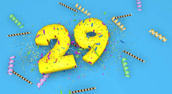 纪念日或促销活动的29号 用厚厚的黄色字母写在蓝色的背景上 上面装饰着糖果 巧克力稻草和从上面掉下来的意大利面 3D说明 — 图库照片