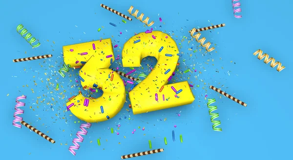 周年纪念日或促销活动的32号 用厚厚的黄色字母写在蓝色的背景上 上面装饰着糖果 巧克力吸盘和从上面掉下来的意大利面 3D说明 — 图库照片