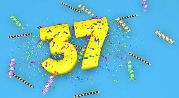 Numero Compleanno Anniversario Promozione Spesse Lettere Gialle Fondo Blu Decorate — Foto Stock