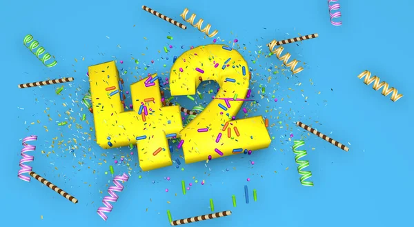 Number 42 for birthday, anniversary or promotion, in thick yellow letters on a blue background decorated with candies, streamers, chocolate straws and confetti falling from above. 3D Illustration