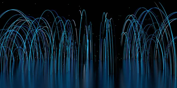 Abstract composition formed with blue lights jumping on a reflective surface leaving traces of blue and green lines in the form of arches on a black background. 3D Illustration