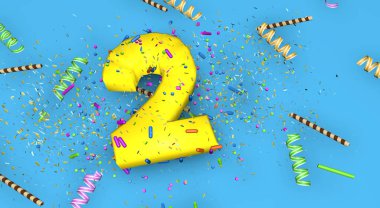 Doğum günü, yıldönümü veya promosyon için 2 numara, mavi arka planda kalın sarı harflerle süslenmiş şekerler, flamalar, çikolatalı pipetler ve yukarıdan düşen konfetiler. 3B Görüntü