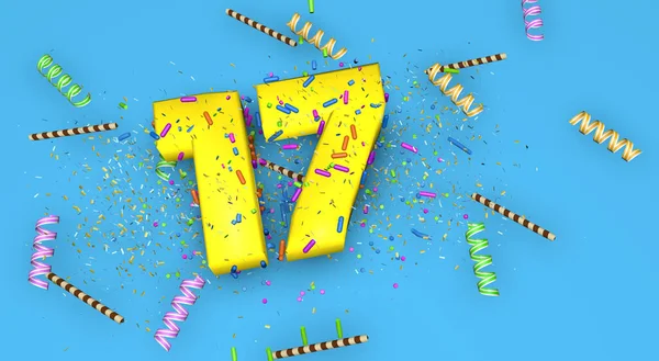 纪念日或促销活动的17号 用厚厚的黄色字母写在蓝色的背景上 上面装饰着糖果 巧克力稻草和从上面掉下来的意大利面 3D说明 — 图库照片