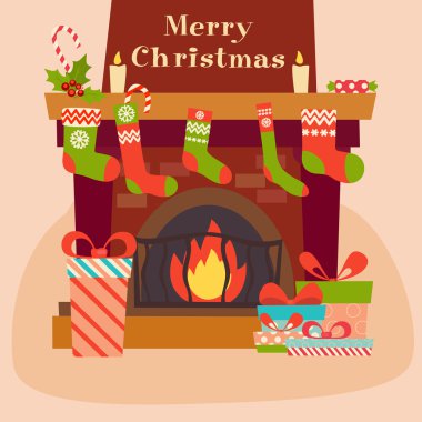 Vektör Noel şömine ve hediyeler yakın: