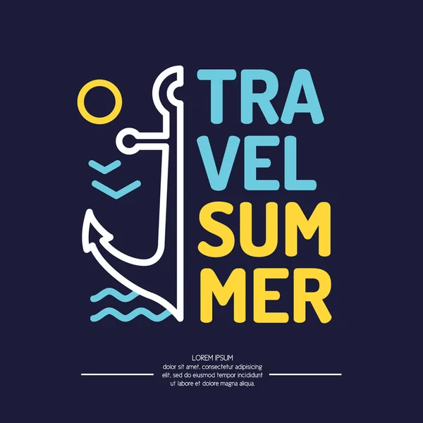 Affiche avec ancre, vagues et voyage d'été — Image vectorielle