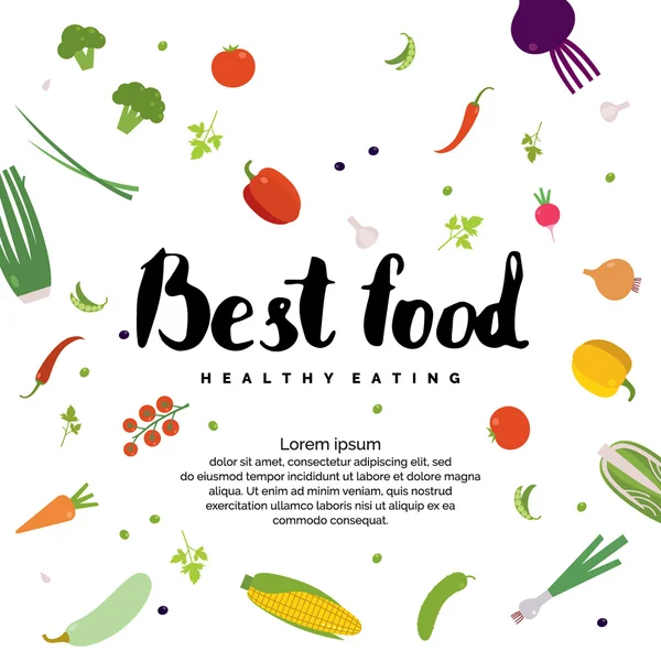 Comida ecológica. Verduras frescas, fondo para menú o póster . — Vector de stock