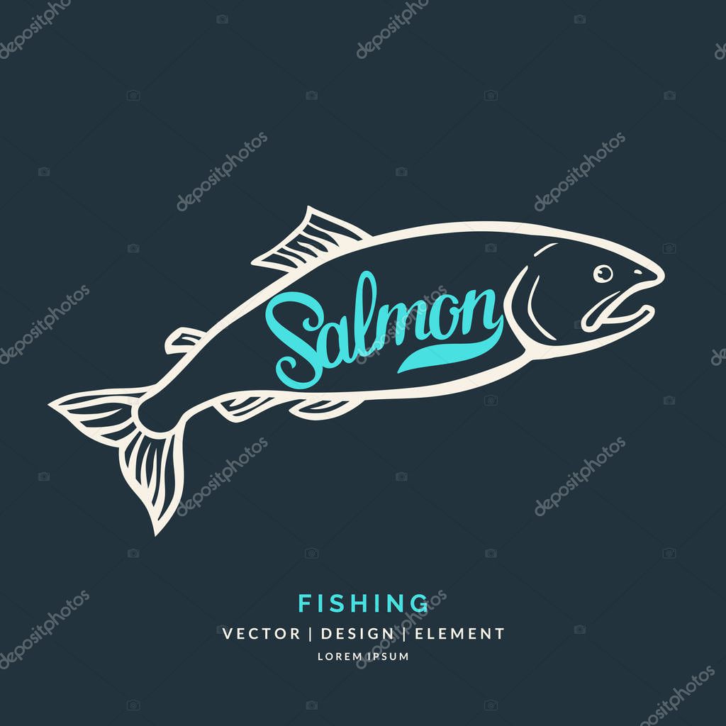 Modern hand drawn lettering word Salmon. Calligraphy brush and ink. Vector illustration Fish