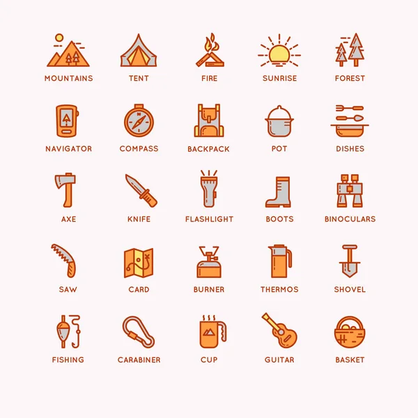 Conjunto de iconos y símbolos para acampar y senderismo . — Vector de stock