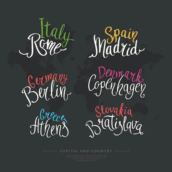 Letras dibujadas a mano país y capital Europa . — Vector de stock