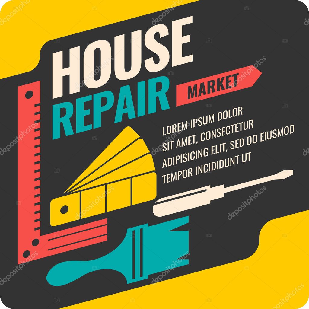Hand tools for home renovation and construction. Vintage House repair poster. Vector illustration and template.