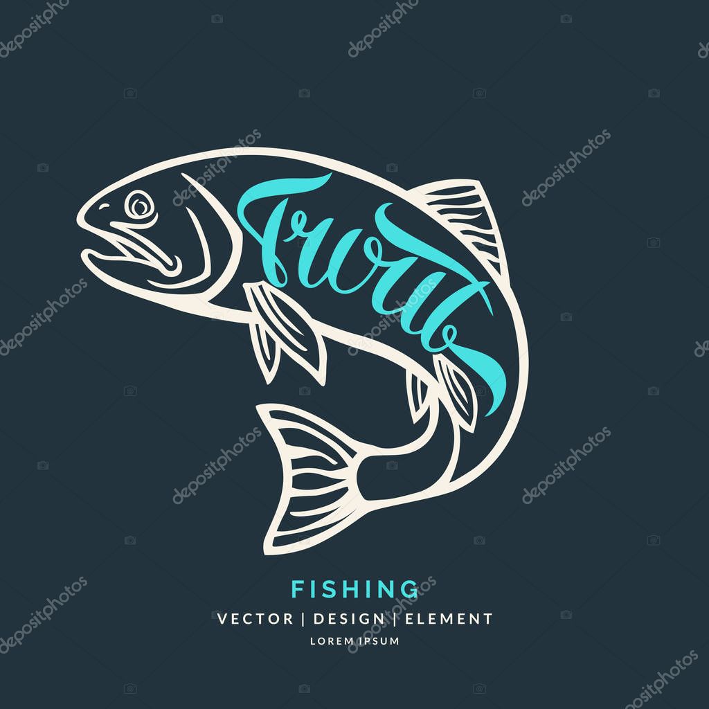 Brown Trout fish jumping out of the water. Hand drawn lettering. Calligraphy brush and ink. Handwritten inscriptions and quotes for layout and template.