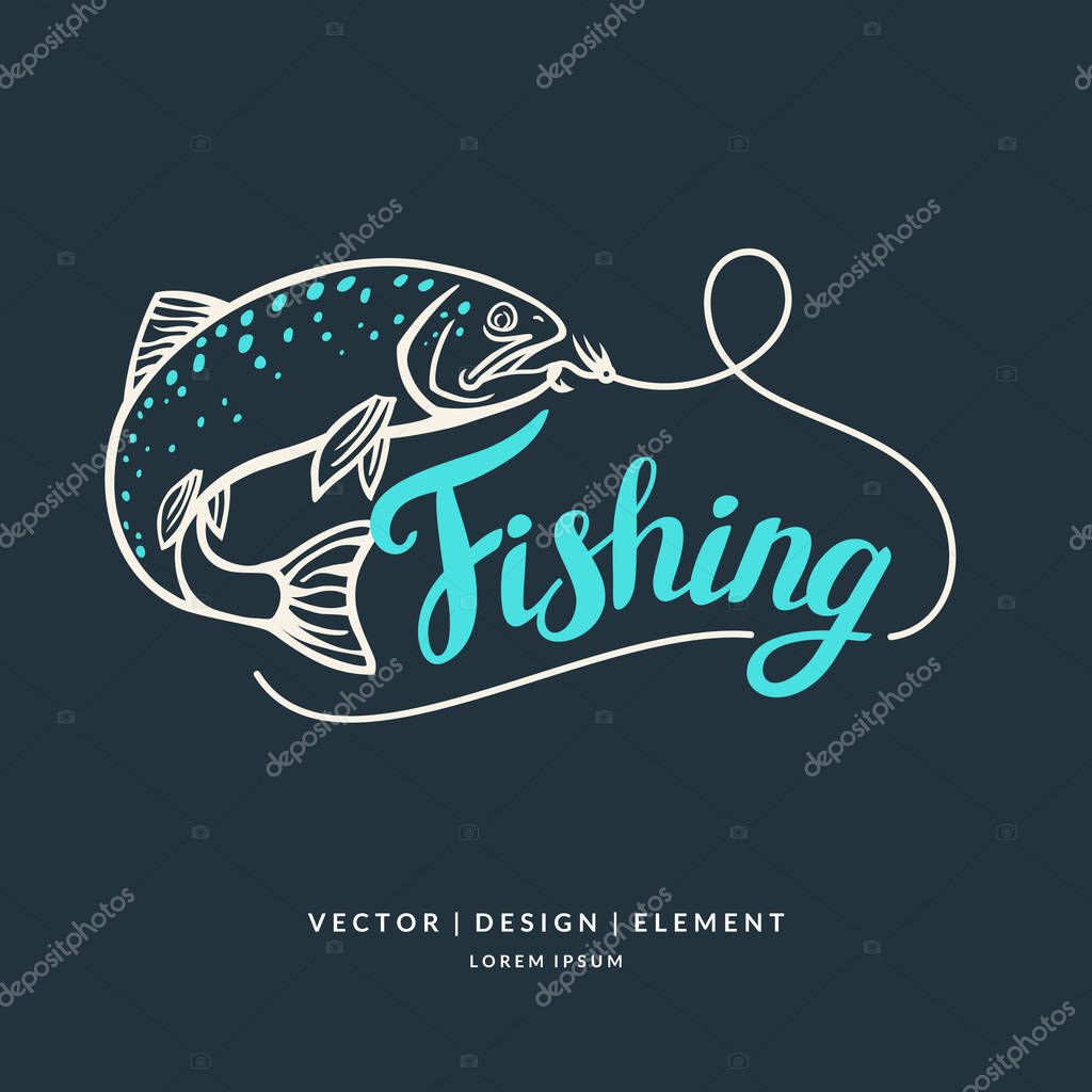Fishing logo. Hand drawn lettering. Calligraphy brush and ink. Handwritten inscriptions and quotes for layout and template. Vector illustration of text.