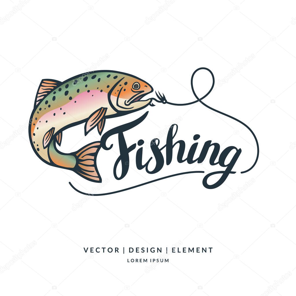 Fishing logo. Hand drawn lettering. Calligraphy brush and ink. Handwritten inscriptions and quotes for layout and template. Vector illustration of text.