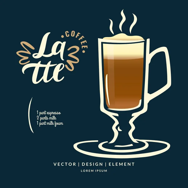 Modern el çekilmiş kahve içecek Latte için etiket yazı. — Stok Vektör