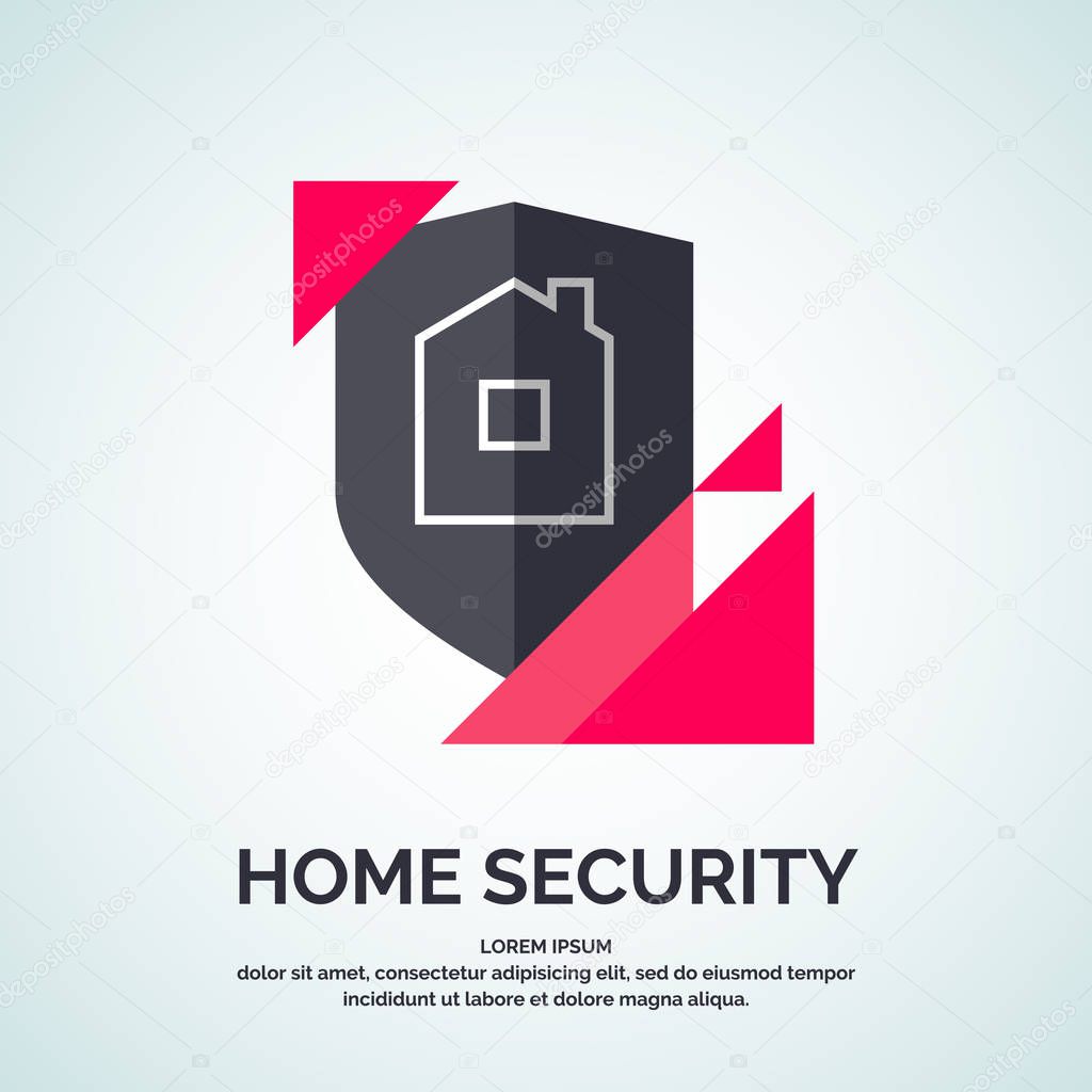 Modern minimalistic vector logo design for home security. Illustration of a shield with the building in a linear flat style on a light background