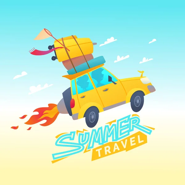 Vector illustration of Summer travel with a flying car — Stock Vector