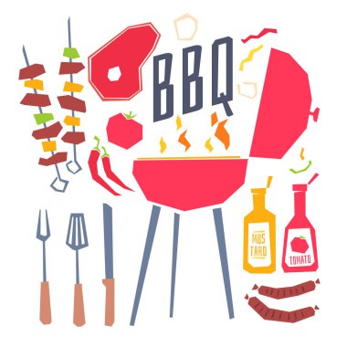 Bir mangal, Barbekü, sebze ve çatal bıçak takımı ile modern poster.