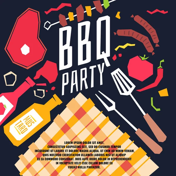 Moderno poster barbecue party con tovaglia a scacchi, barbecue, verdure — Vettoriale Stock