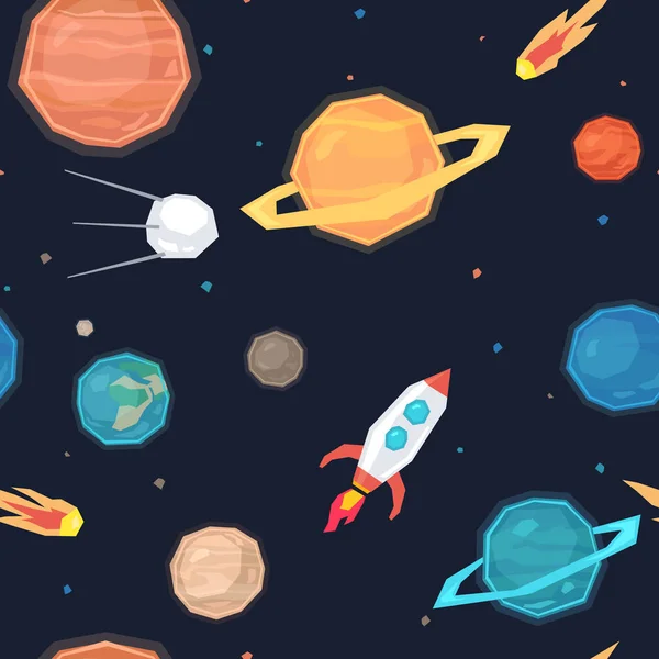 Seamless pattern with space, planets, satellites, meteorites and missiles. — Stock Vector