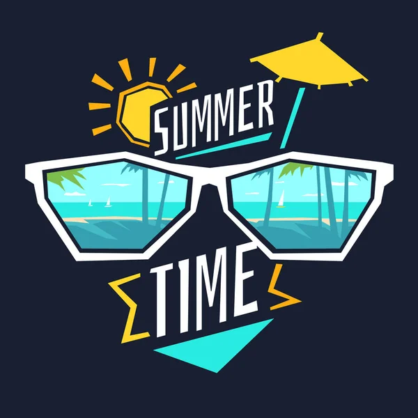 Ilustración vectorial Hora de verano con las gafas, la costa, el sol y el paraguas . — Archivo Imágenes Vectoriales