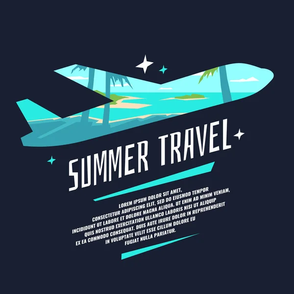 Современный плакат летнего путешествия с силуэтом самолета и пейзажем — стоковый вектор