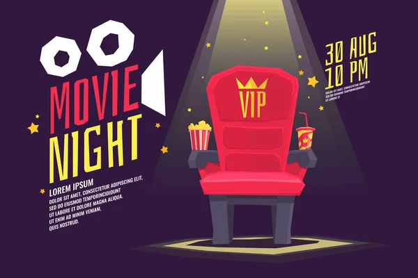 Cartel colorido noche de película con un proyector, carretes, asiento y boleto . — Vector de stock