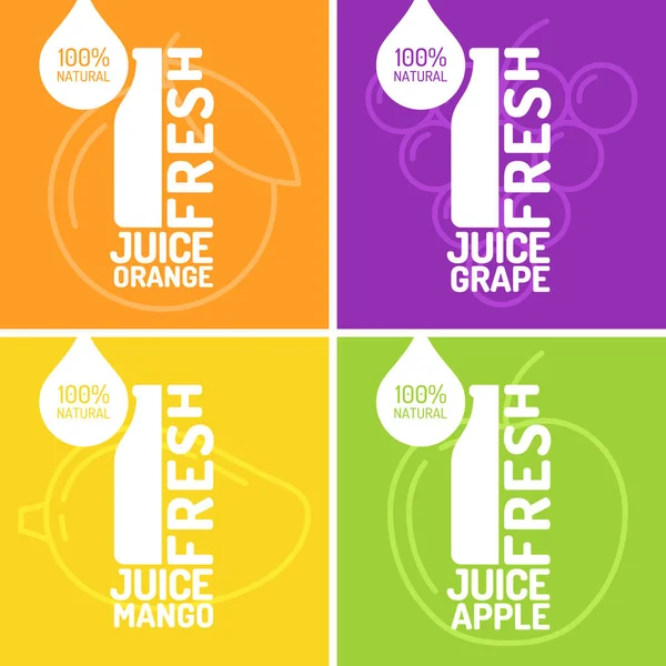Conjunto de cartazes suco fresco uva, laranja, manga e maçã . — Vetor de Stock