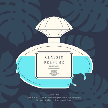 Klasik retro şişe parfüm tropikal bir arka plan üzerinde.