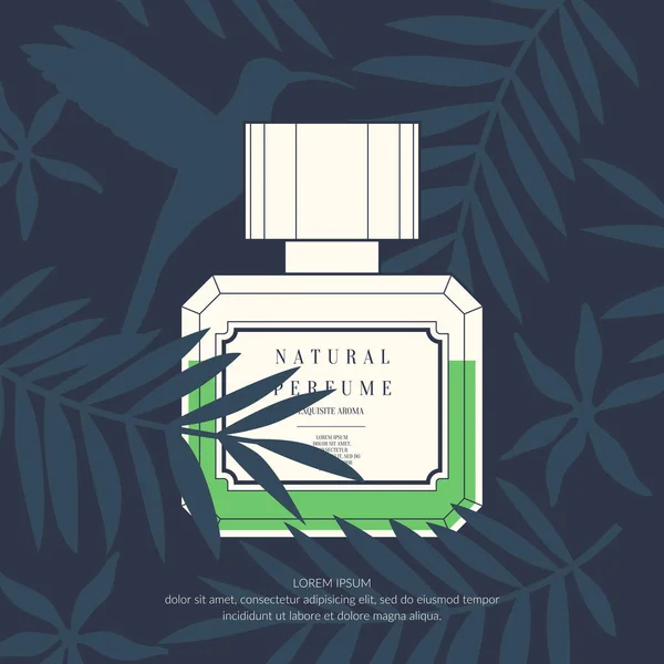 Frasco retro clásico de perfume sobre fondo tropical . — Archivo Imágenes Vectoriales