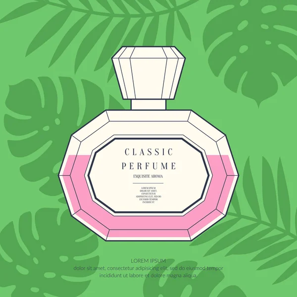 Flacon rétro classique de parfum sur fond tropical . — Image vectorielle