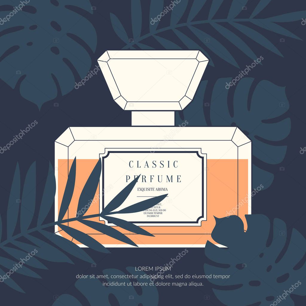 Classic retro bottle of perfume on a tropical background. Exotic leaves of plants and trees. Vector illustration.
